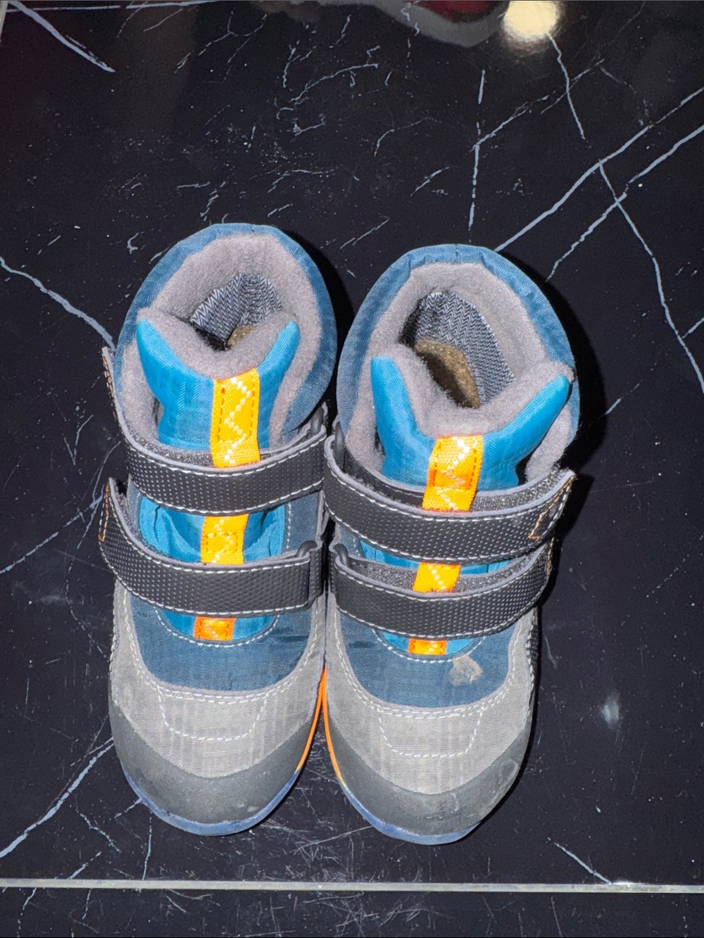 Kids Gray and Blue Velcro Boot Sneakers with Orange Accent